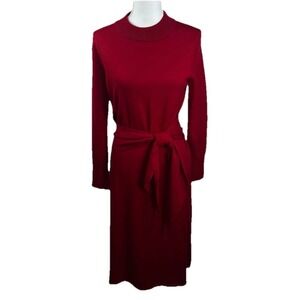 The Fold Red Midi Sweater Dress Sz M Knit Tie Waist Wrap Long Sleeve 100% Wool